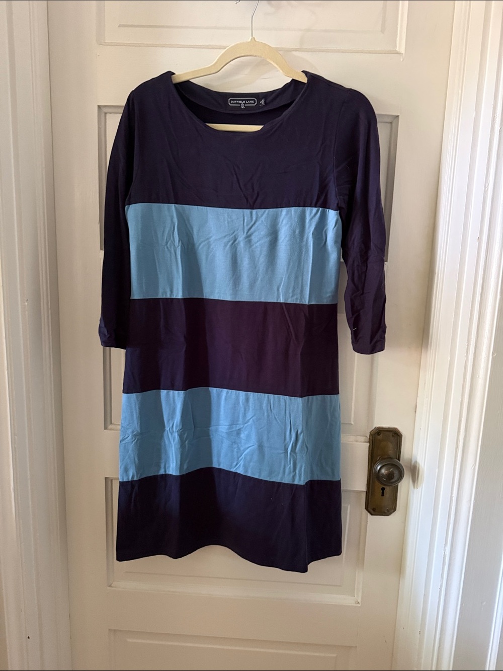 Duffield Lane Navy and Light Blue Striped Long Sleeve Shift Dress